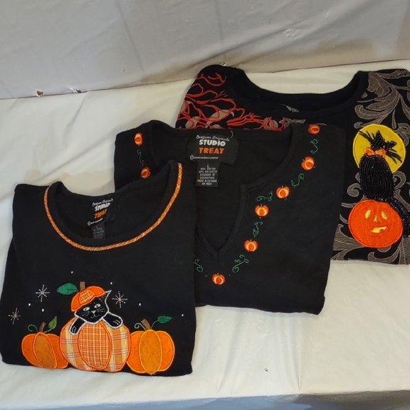 Designers Originals Black and Orange Long Sleeve Tee, Featuring Cats And Pumpkin - Picture 1 of 15